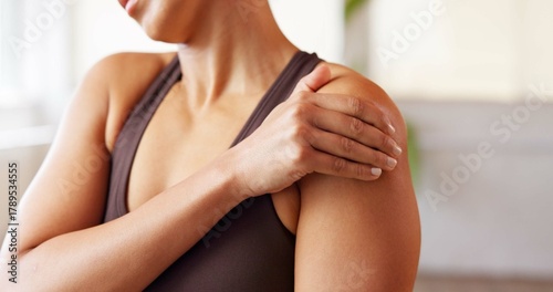 Obraz na płótnie Hands, woman and discomfort of shoulder pain from pilates accident, inflammation and cramp