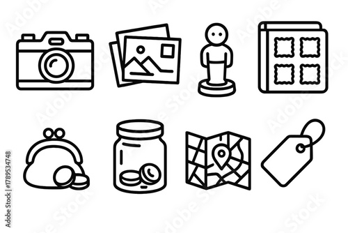 Hobby Collectors Icons. Hobby Collector Set linear icon set: vintage camera, postcards, figurine, stamp album, coin pouch, glass jar, map, tag.