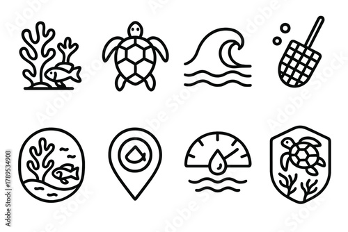 Ocean Conservation Icons. Ocean Protection linear icon set: coral reef illustration, sea turtle icon, wave symbol, plastic cleanup net, underwater ecosystem badge, marine life