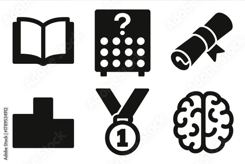 Academic Icons Collection. Academic Competition silhouette icon set: open book, quiz board, diploma scroll, podium, gold medal, brain icon.