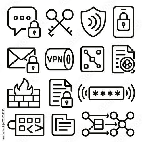 Digital Security Icons. Secure Communication linear icon set: encrypted chat bubble, key exchange, shielded signal, secure smartphone, locked email, VPN tunnel, data packet,