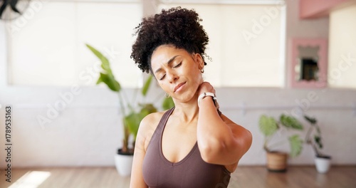 Schilderij op canvas Athlete, black woman and discomfort of neck pain from fitness accident, inflammation and cramp