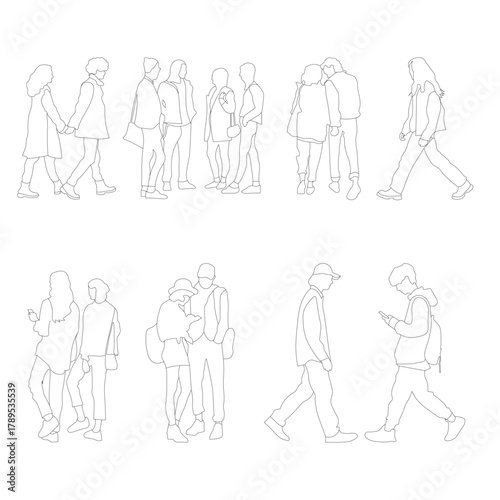 Vector collection of 10 minimalist line art people in motion - walking, chatting, standing in pairs and small groups. Perfect for architectural plans, city visualizations and space design.