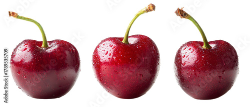 A close-up view of three fresh, glistening cherries with water droplets on their surface, showcasing their vibrant red color and green stems against a clean, white background