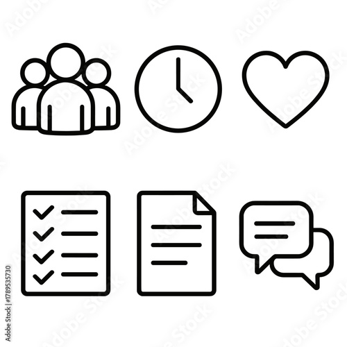 Patience Icons Collection. Team patience linear icon set: group of people, clock, heart, checklist, document, chat bubbles.