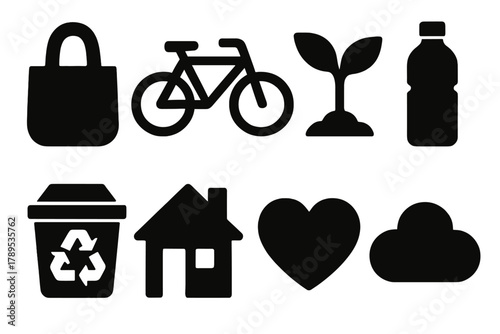 Eco-friendly Icons. Eco-friendly Living silhouette icon set: reusable bag, bicycle, plant, water bottle, recycling bin, house, heart, cloud.