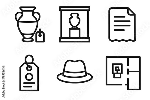 Museum Display Icons. Museum Curation linear icon set: artifact display, glass case, historical document, catalog tag, curator hat, exhibition layout.