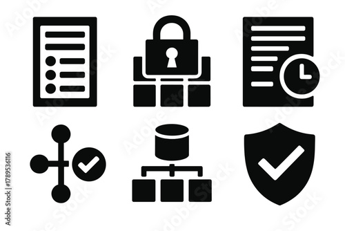 Brutalist Data Icons. Data Governance System silhouette icon set: data catalog, access control, audit log, quality check, metadata management, compliance shield.