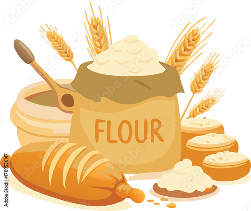 A delightful illustration of flour wheat bread and baking ingredients arranged beautifully high quality