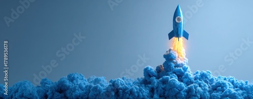 Blue Rocket Launch Startup Concept with Smoke and Fire