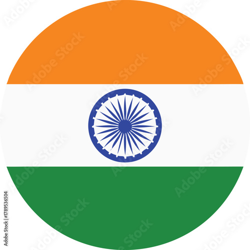 A circular depiction of the national flag of india featuring saffron white