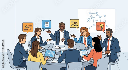 Diverse business team collaborating around a table with laptops and speech bubbles.