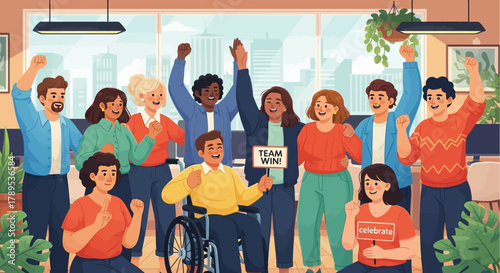 A diverse and inclusive business team celebrating a victory together in a modern office environment.