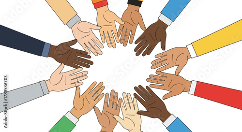 A diverse group of hands of various skin tones reaching into the center, symbolizing unity and collaboration.