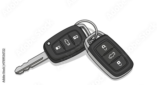 Two modern black car key fobs with remote control buttons and a physical key.