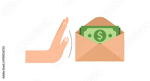 Hand rejecting bribe money in an envelope, corruption concept.