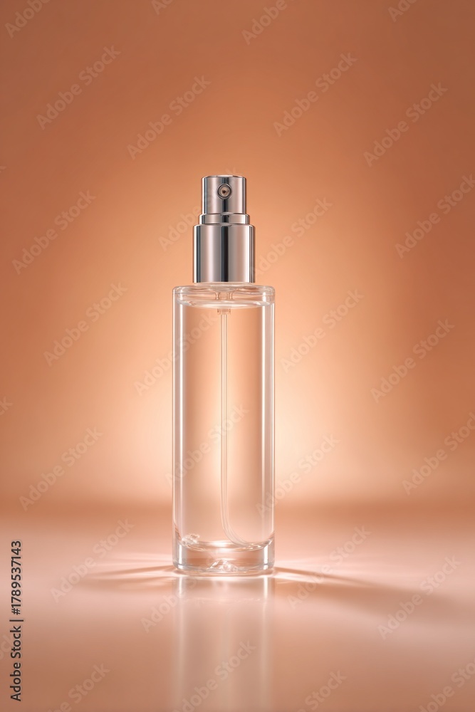 Naklejka premium Minimalist clear glass cosmetic spray bottle stands centered against a soft amber background