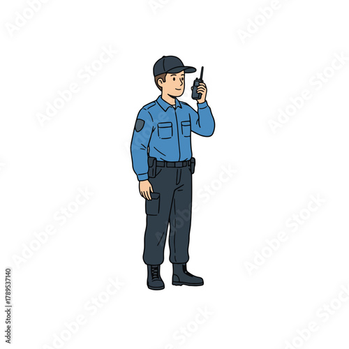 Security guard cartoon in uniform using a walkie-talkie. Male officer for private safety and protection