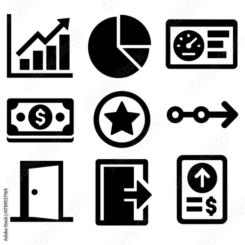 Bold Investor Icons. Investor Pitch Decks silhouette icon set: financial projection chart, market size pie graph, traction metrics dashboard, growth timeline icon, funding ask