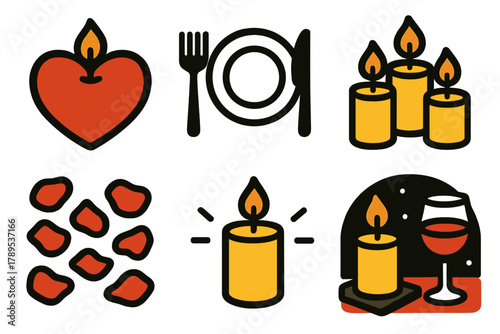 Romantic Candle Icons. Romantic Candles silhouette icon set: heart candle, dinner setup, rose petals, soft glow, wine glass, cozy ambiance.