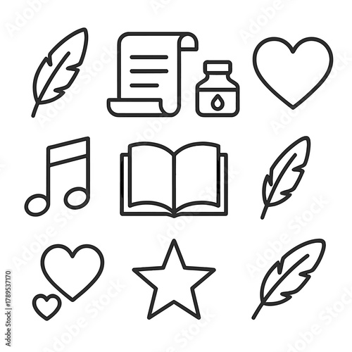Iconic Poetic Symbols. Poetic Lyrics linear icon set: quill, scroll, ink bottle, heart, note, book, star, feather.