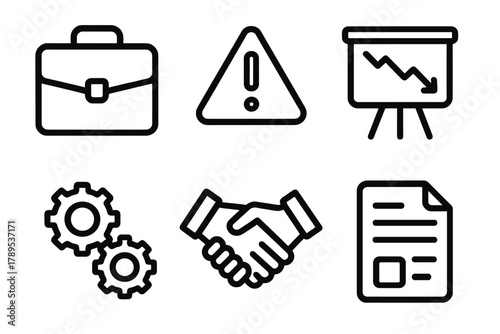 Crisis Management Icons. Business crisis handling linear icon set: briefcase, warning triangle, chart board, gears, handshake, document.