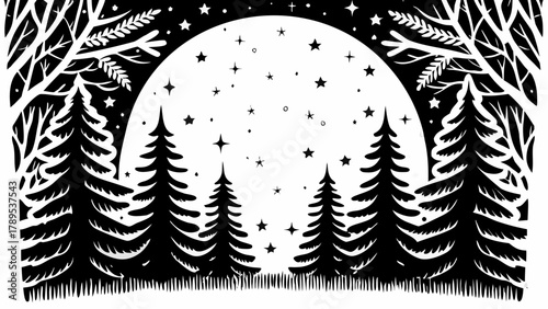 Enchanting forest scene with stars and moon, perfect for winter holiday backgrounds or festive cards