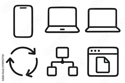 Doodle Sharing Icons. Cross-Platform Sharing outline icons: smartphone, tablet, laptop, sync arrows, connection lines, file window.