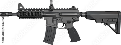 A detailed side view of a modern black assault rifle on white