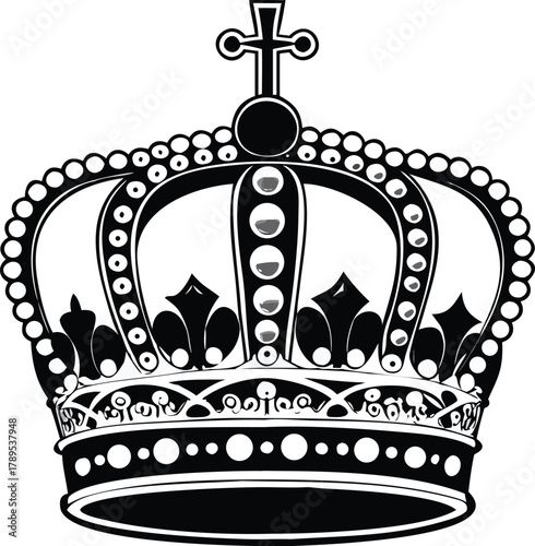 A detailed depiction of a regal black and white crown with ornate