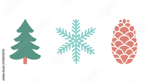 Holiday Season Trio: An array of charming graphic symbols, featuring a coniferous tree, a delicate snowflake, and a textured pinecone, perfectly capturing the holiday spirit.