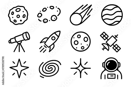 Cosmic Icons Collection. Space Rocks linear icon set: asteroid, asteroid belt, comet, planet, telescope, rocket, moon, satellite, star, galaxy, light rays, astronaut.