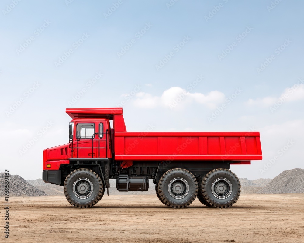 Obraz premium Bright Red Dump Truck on Construction Site with Earthy Background