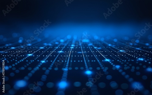 Blue glowing dot grid background. Dotted tech square network backdrop. Abstract checkered dashboard pattern for science, technology, business, healthcare, medicine design template. Vector wallpaper