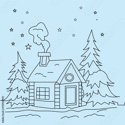 Cozy Winter Cabin Scene Line Art
