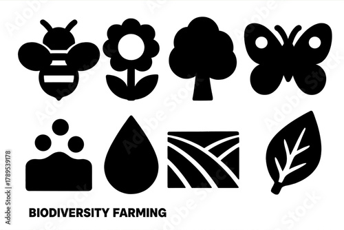 Brutalist Biodiversity Icons. Biodiversity Farming silhouette icon set: bee, flower, tree, butterfly, soil, droplet, crop field, leaf.