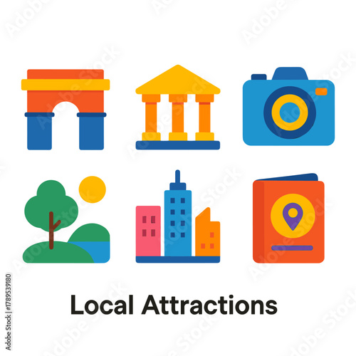 Modern Landmarks Icons. Local Attractions flat icons: landmark icon, museum building, photo camera, nature park, city skyline, guidebook.