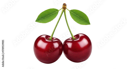 Two cherries with leaves, fresh and delicious