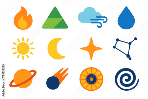 Zodiac Elements Icons. Zodiac Elements flat icons: fire, earth, air, water, sun, moon, star, constellation, planet, comet, horoscope wheel, cosmic swirl.