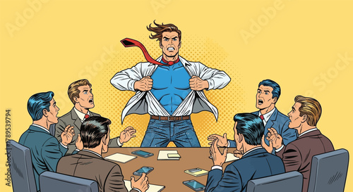 Angry Superhero Businessman Opening Shirt at Meeting in Pop Art