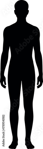 Black human body silhouette, male full body outline, anatomy shape, standing man figure, medical reference, vector illustration, isolated, health, posture, fitness, design element