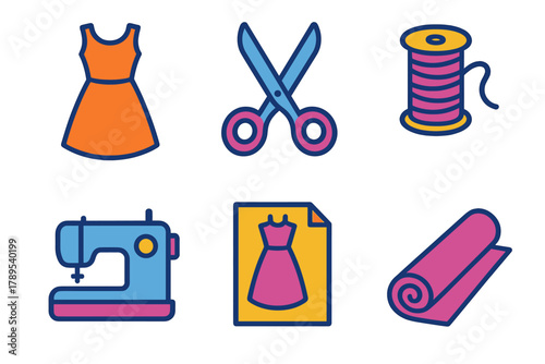 Minimal Fashion Icons. Fashion Design flat icons: Dress, Scissors, Thread, Sewing Machine, Sketch, Fabric Roll.