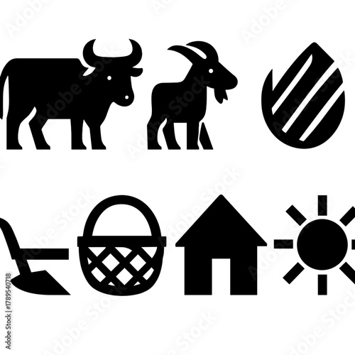 Domestication Icon Set. Early Domestication Collection silhouette icon set: ox, goat, field, seed, plow, basket, house, sun.
