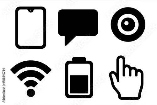 Bold Smartphone Icons. Modern smartphones silhouette icon set: smartphone front view, message bubble, camera lens, wifi signal, battery icon, touchscreen hand.