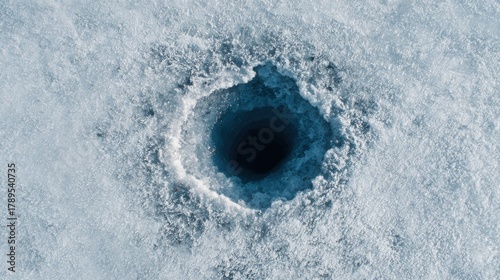 Freshly Drilled Round Hole in Frozen Lake Showing Detailed Icy Texture During Winter Season