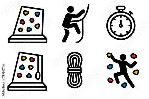 Indoor Climbing Icons. Indoor Climbing linear icon set: climbing wall, colored holds, safety mat, belay rope, climber silhouette, timer.
