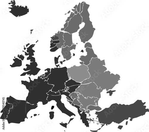 A grayscale map showcasing the political boundaries of various european countries and