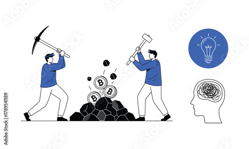 Concept of bitcoin mining with idea and tangled mind illustration