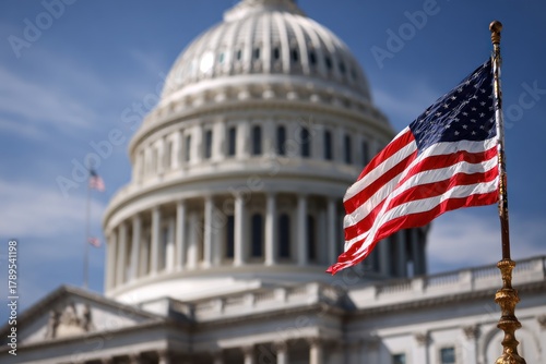 American flag waving in front of the Capitol Building.
