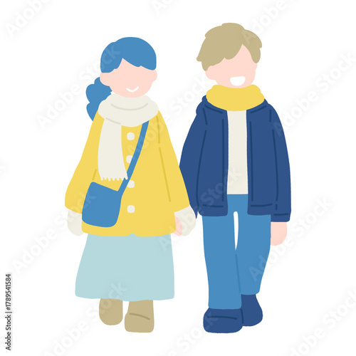 手を繋いでいる冬服の仲良しカップル[男女]のフラットなイラスト